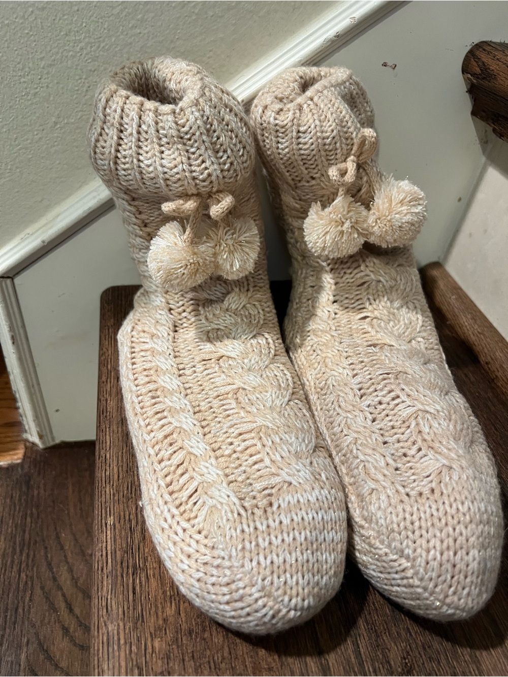Cozy Knit Pom-Pom Slipper Socks - Cream